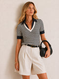 Striped Lapel V Neck Knit Top