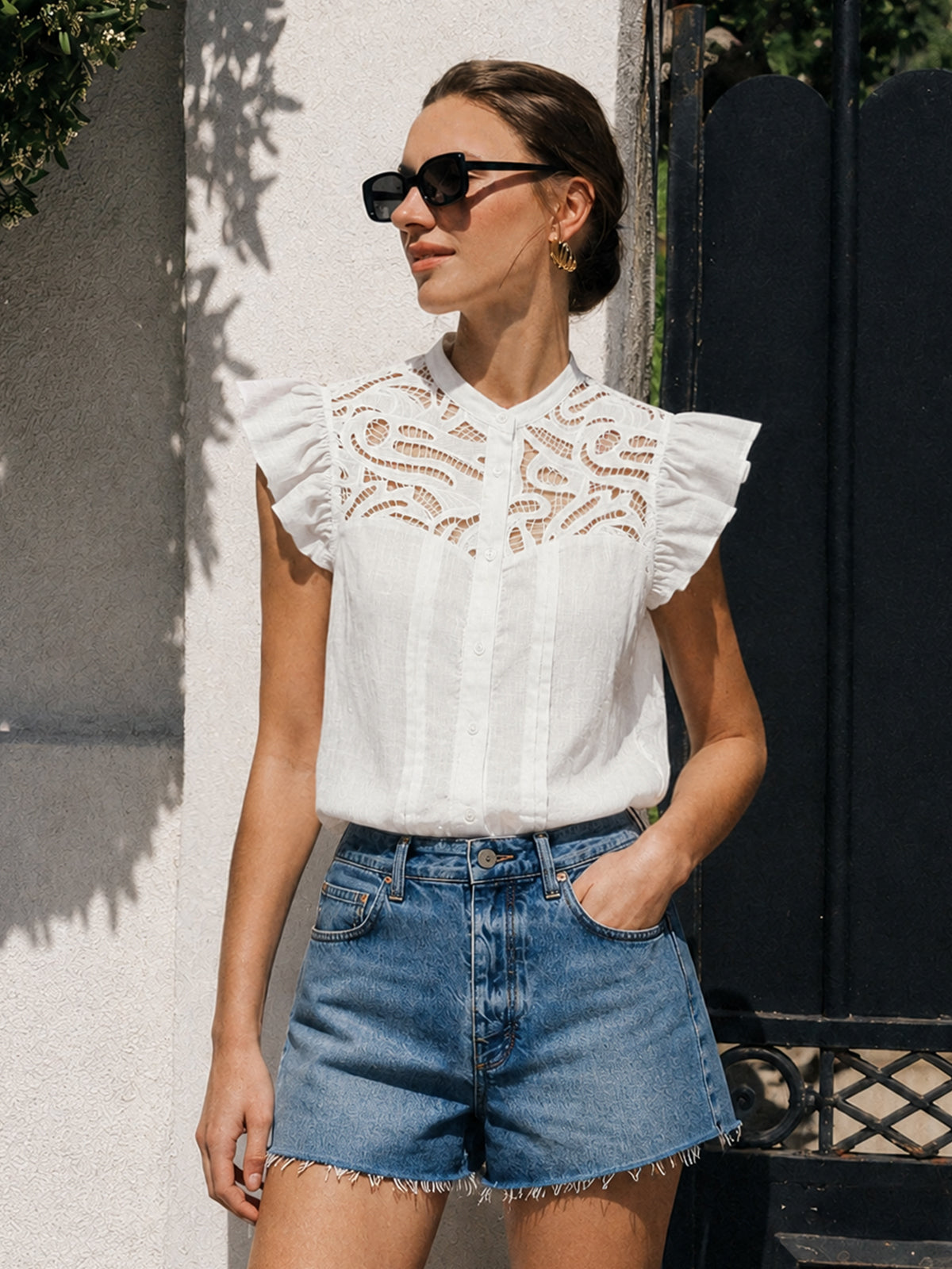Lace Patch Flutter Sleeve Cotton Blouse