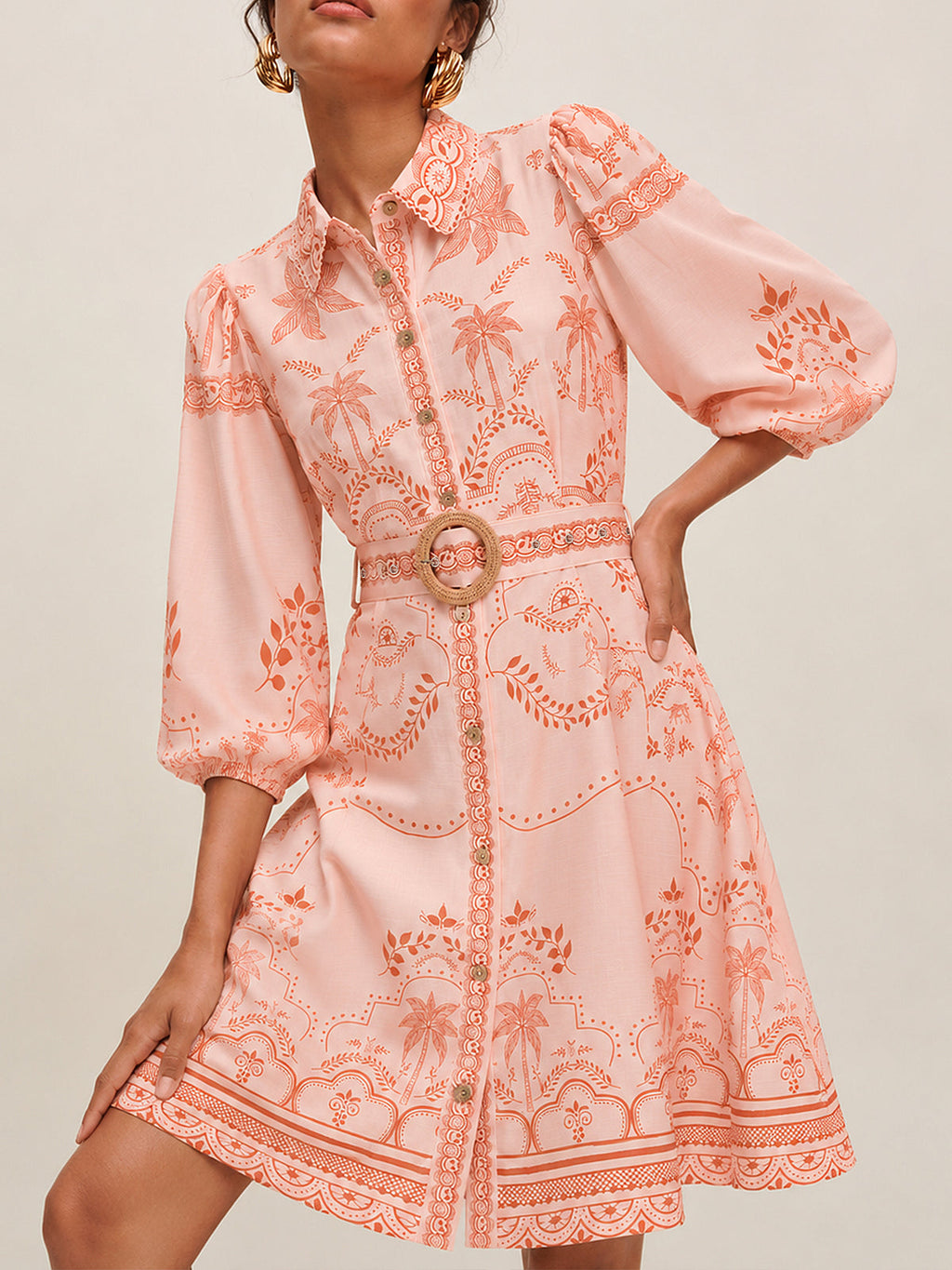Tropical Print Belted Shirt Dress