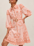 Tropical Print Belted Shirt Dress