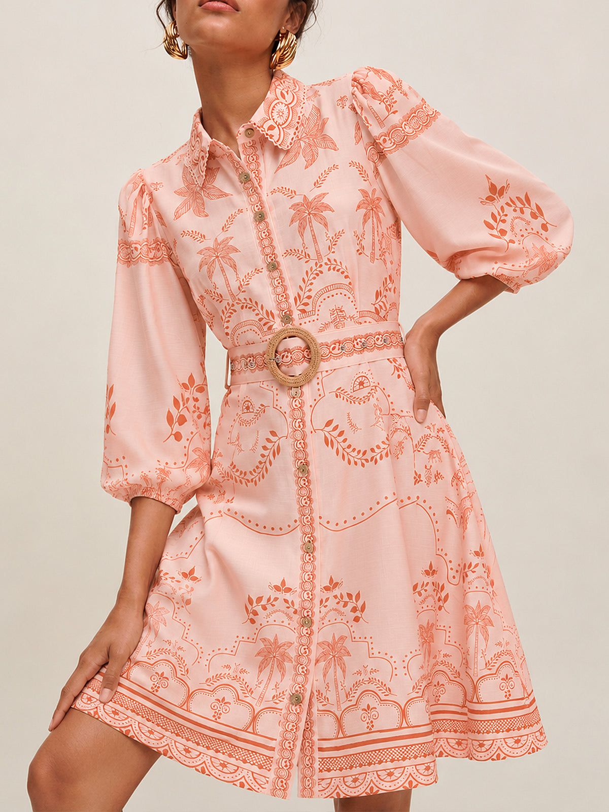 Tropical Print Belted Shirt Dress