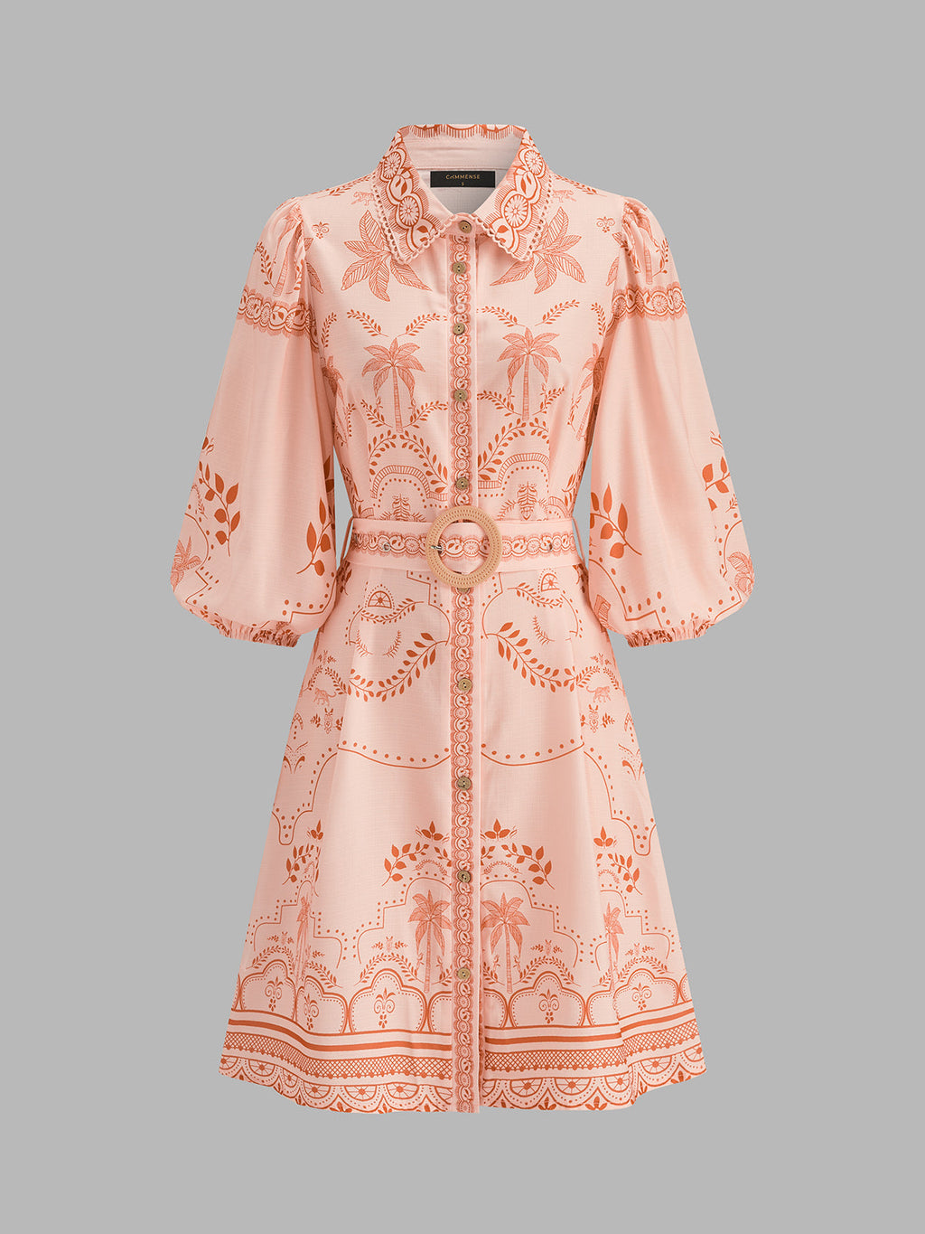 Tropical Print Belted Shirt Dress