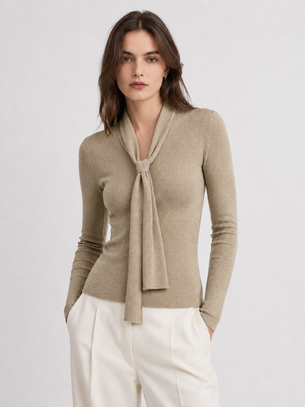 Tie Neck Ribbed Long Sleeve Knit Top
