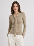 Tie Neck Ribbed Long Sleeve Knit Top