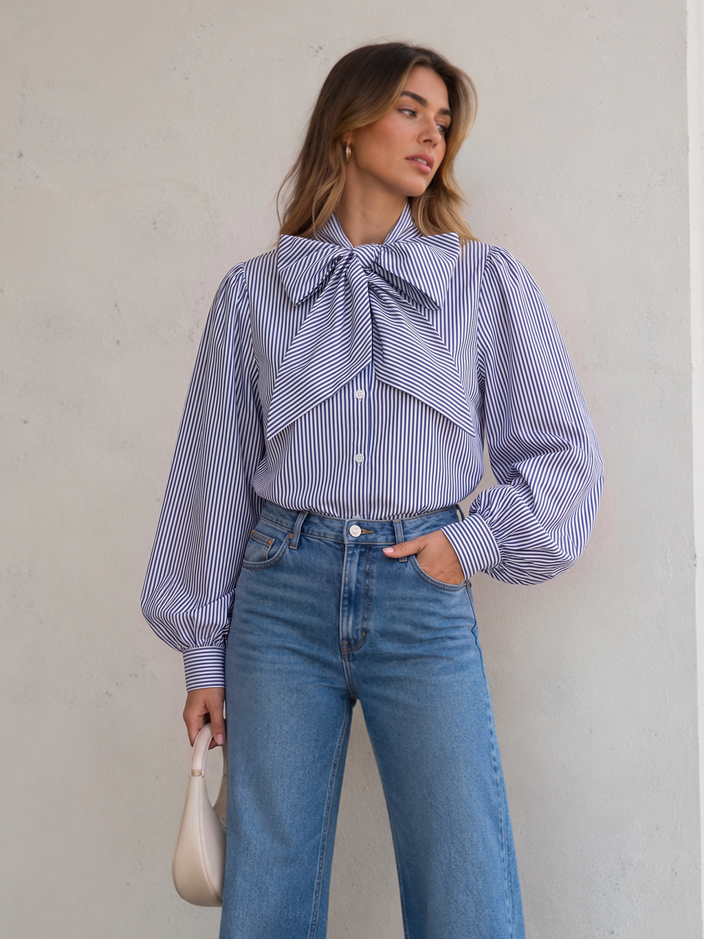 Striped Bow Balloon Sleeve Cotton Shirt