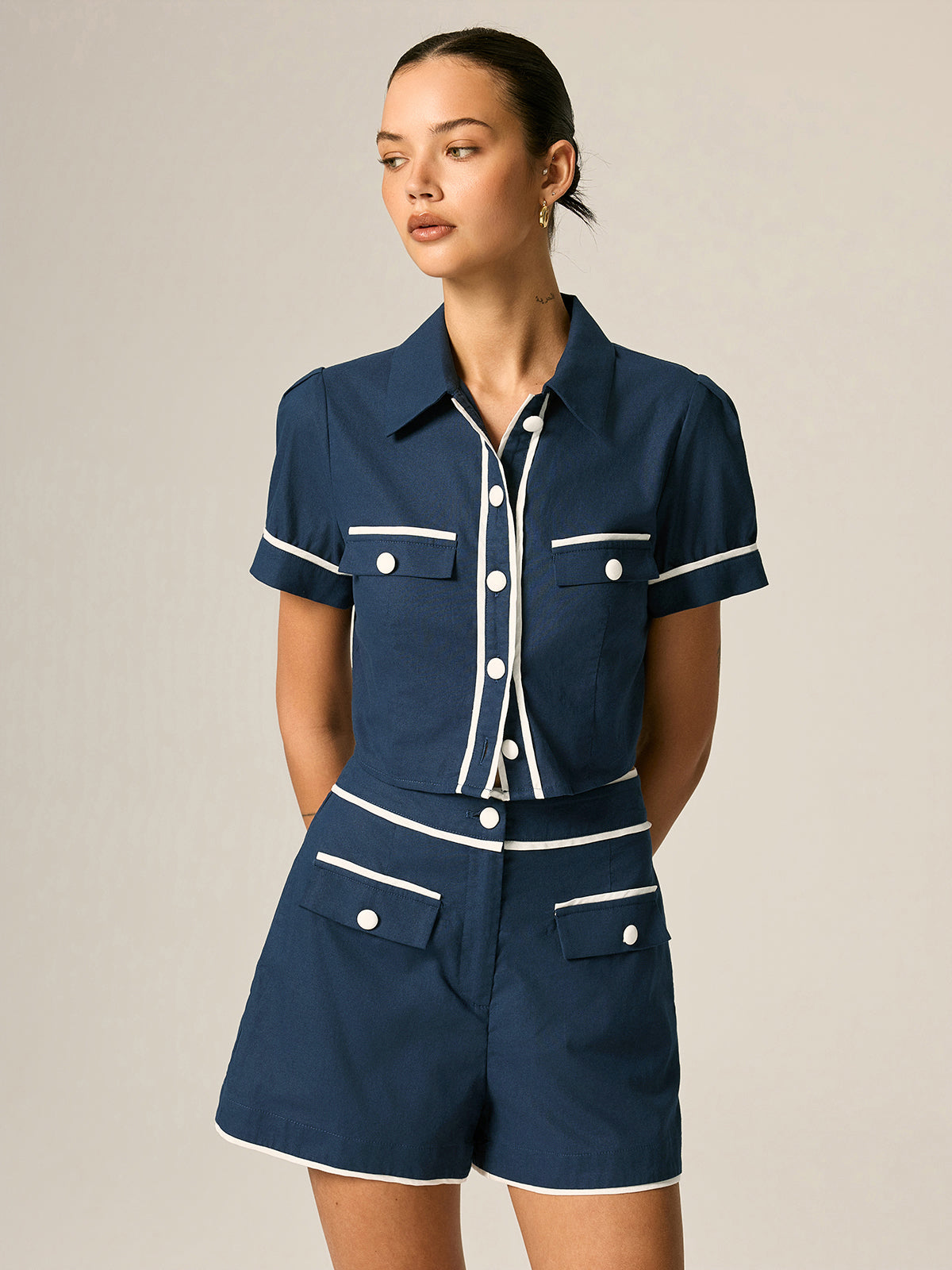 Contrast Trim Cotton Linen Two Piece Shorts Set