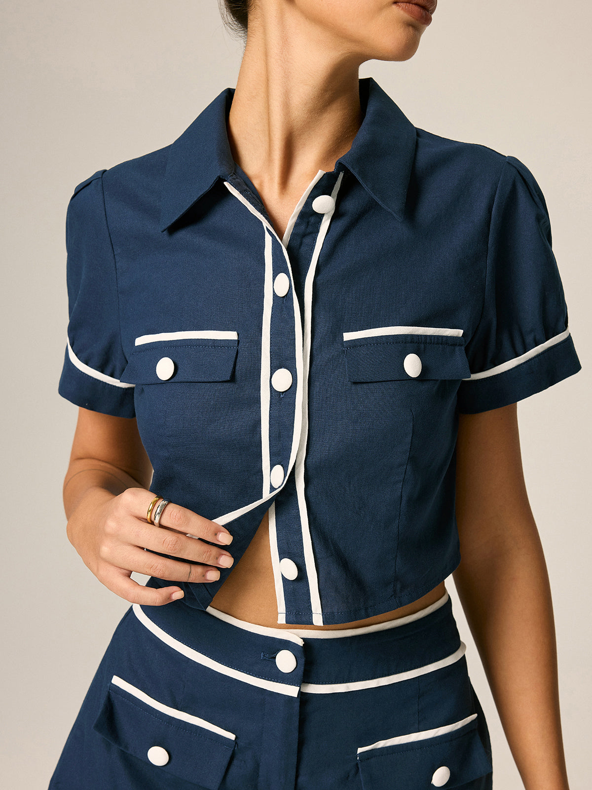 Contrast Trim Cotton Linen Two Piece Shorts Set