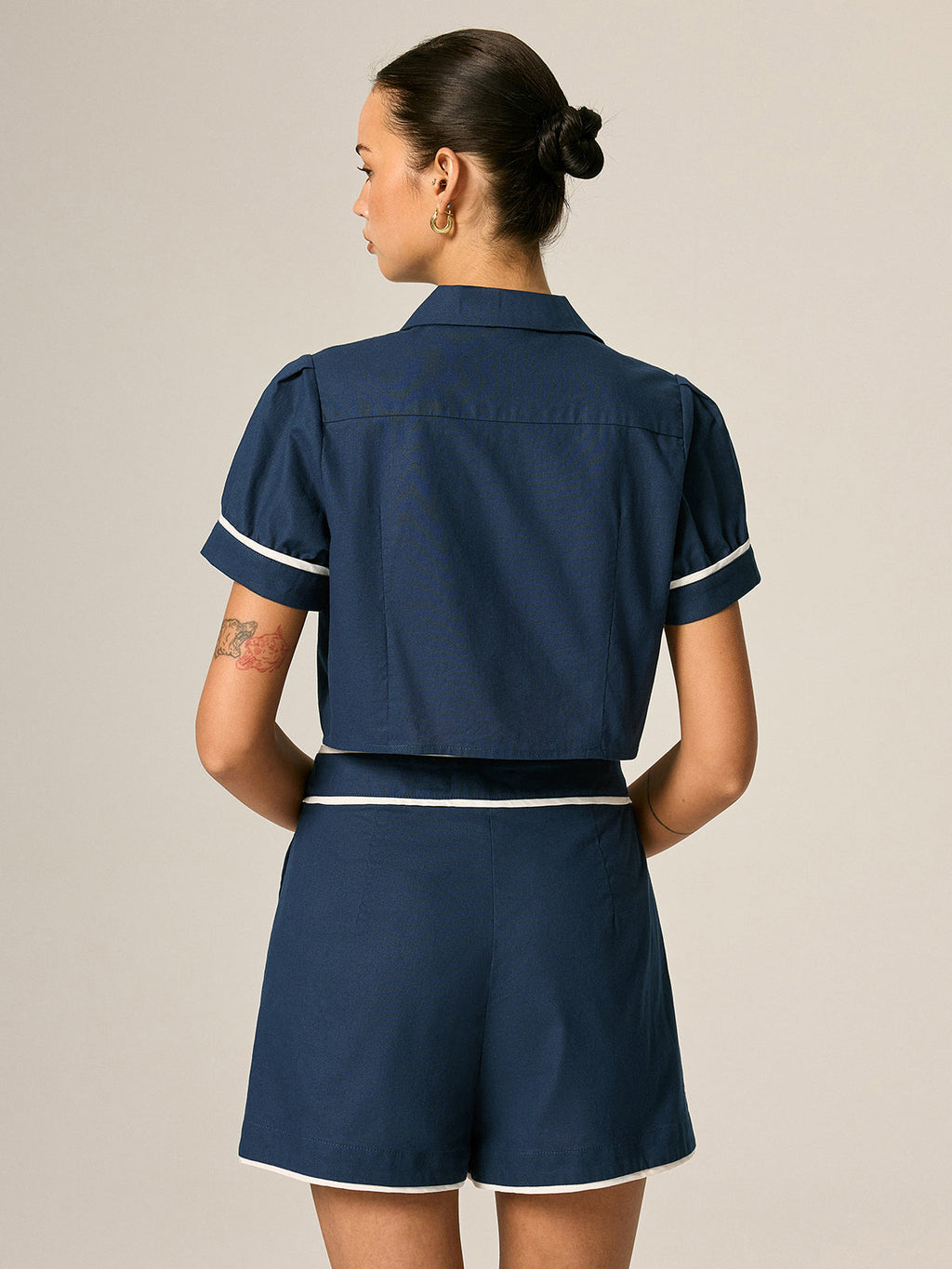 Contrast Trim Cotton Linen Two Piece Shorts Set