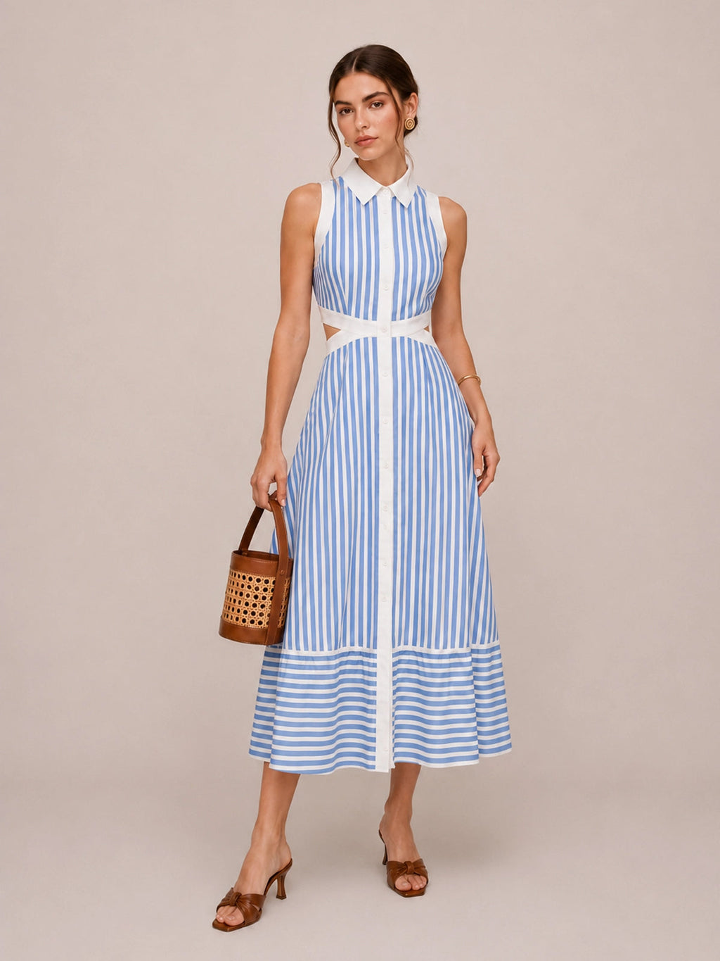 Striped Cut-Out Shirt Midi Dress