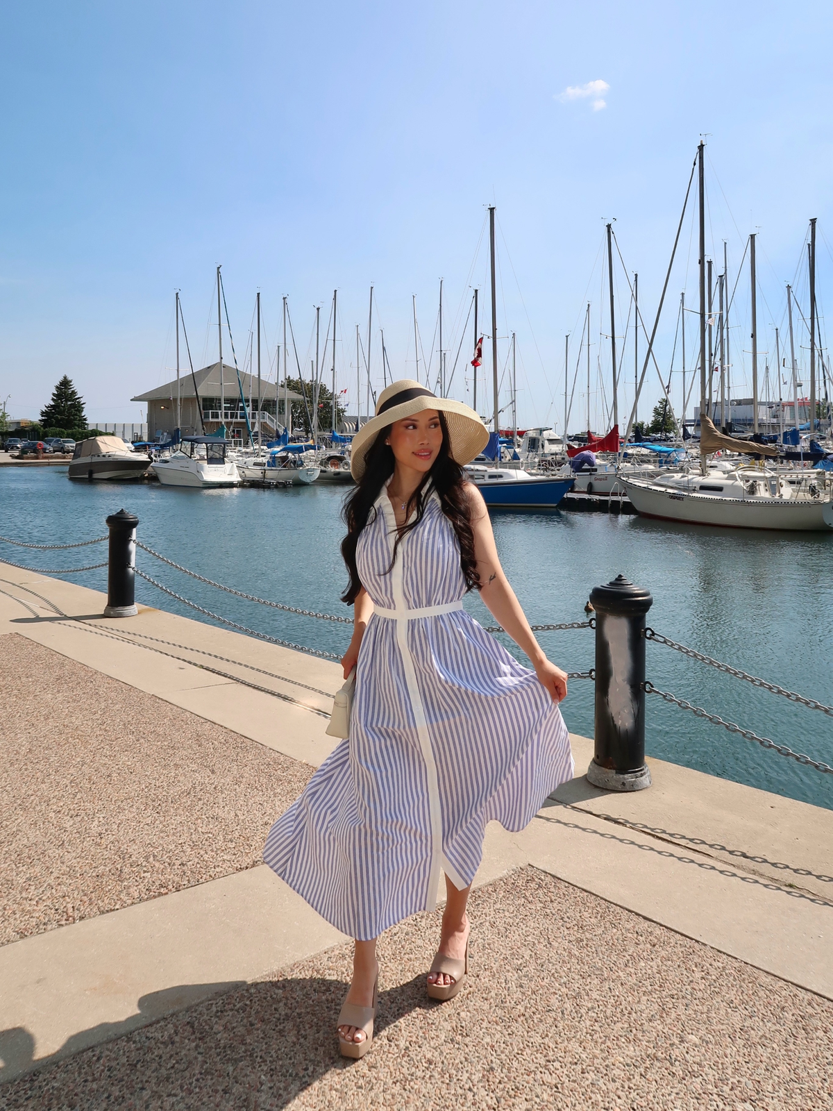 Striped Cotton Blend Collared Halter Midi Dress