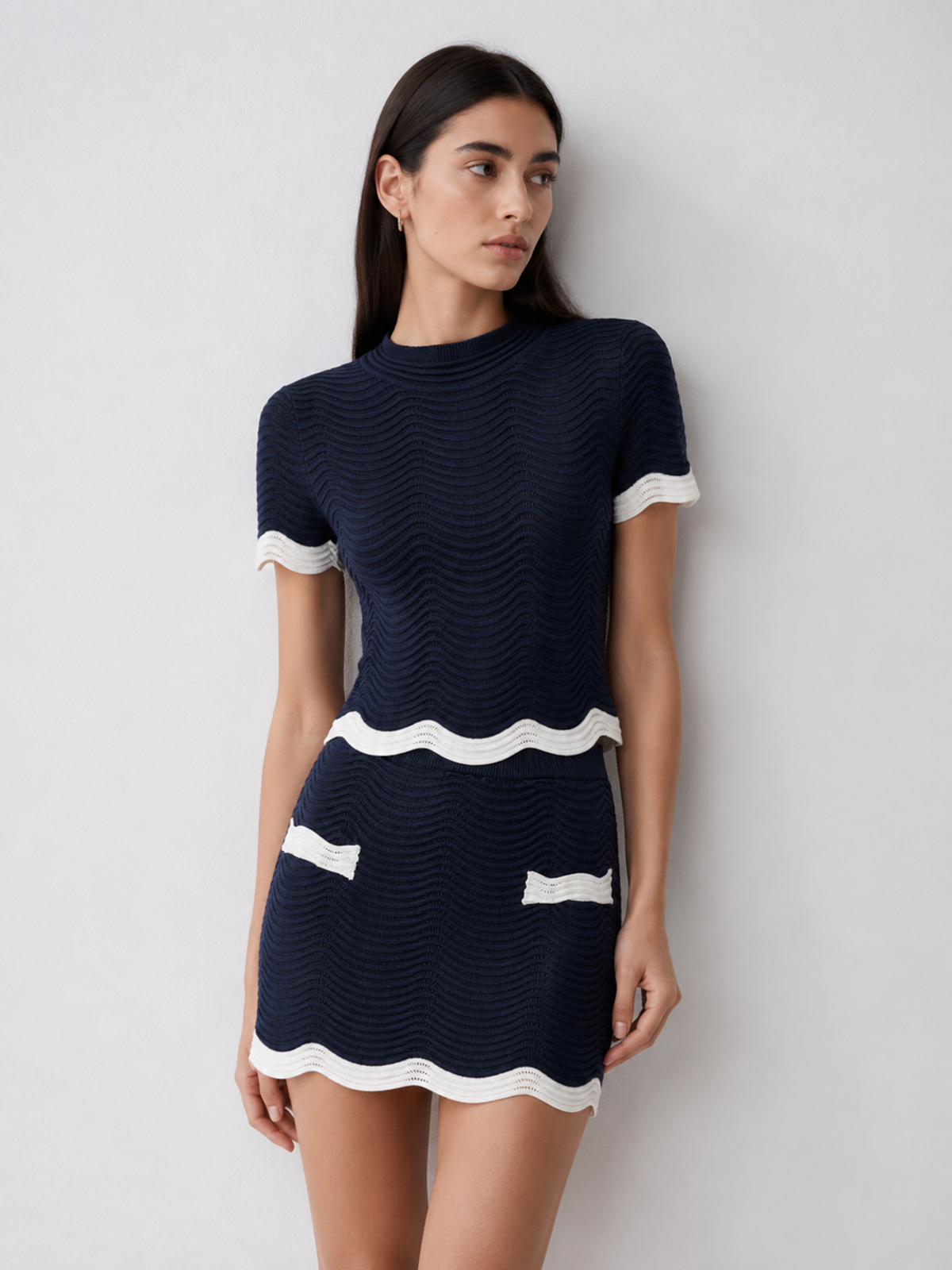 Contrast Trim Wavy Knit Two Piece Skirt Set