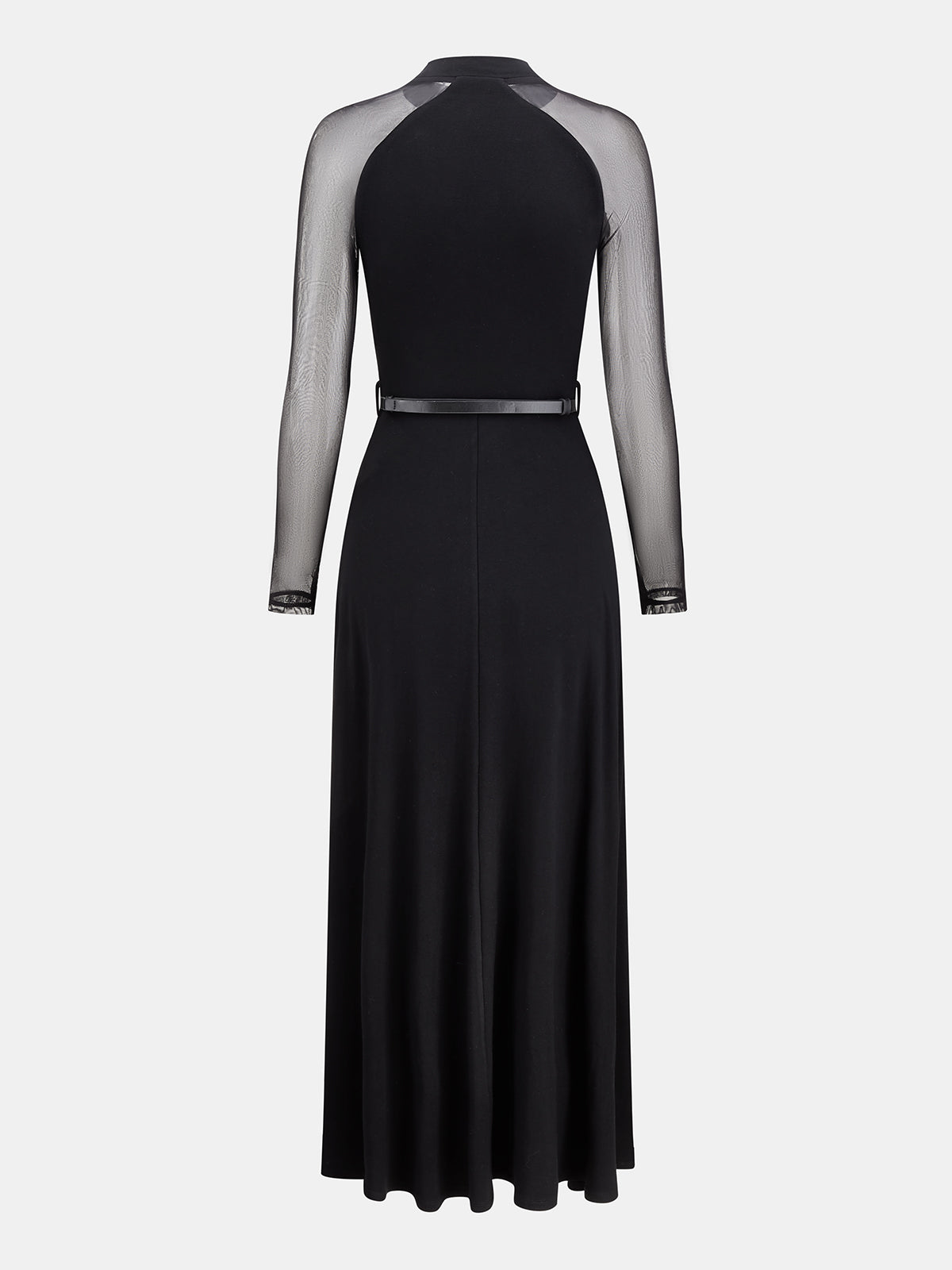 Mesh Sleeve High Neck Belted Maxi Dress