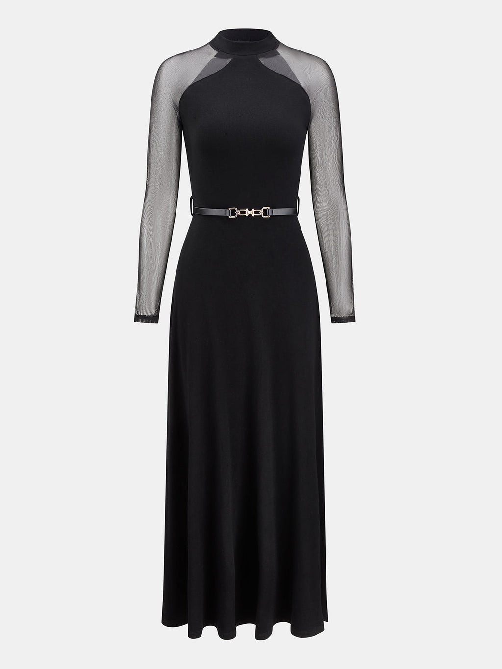 Mesh Sleeve High Neck Belted Maxi Dress
