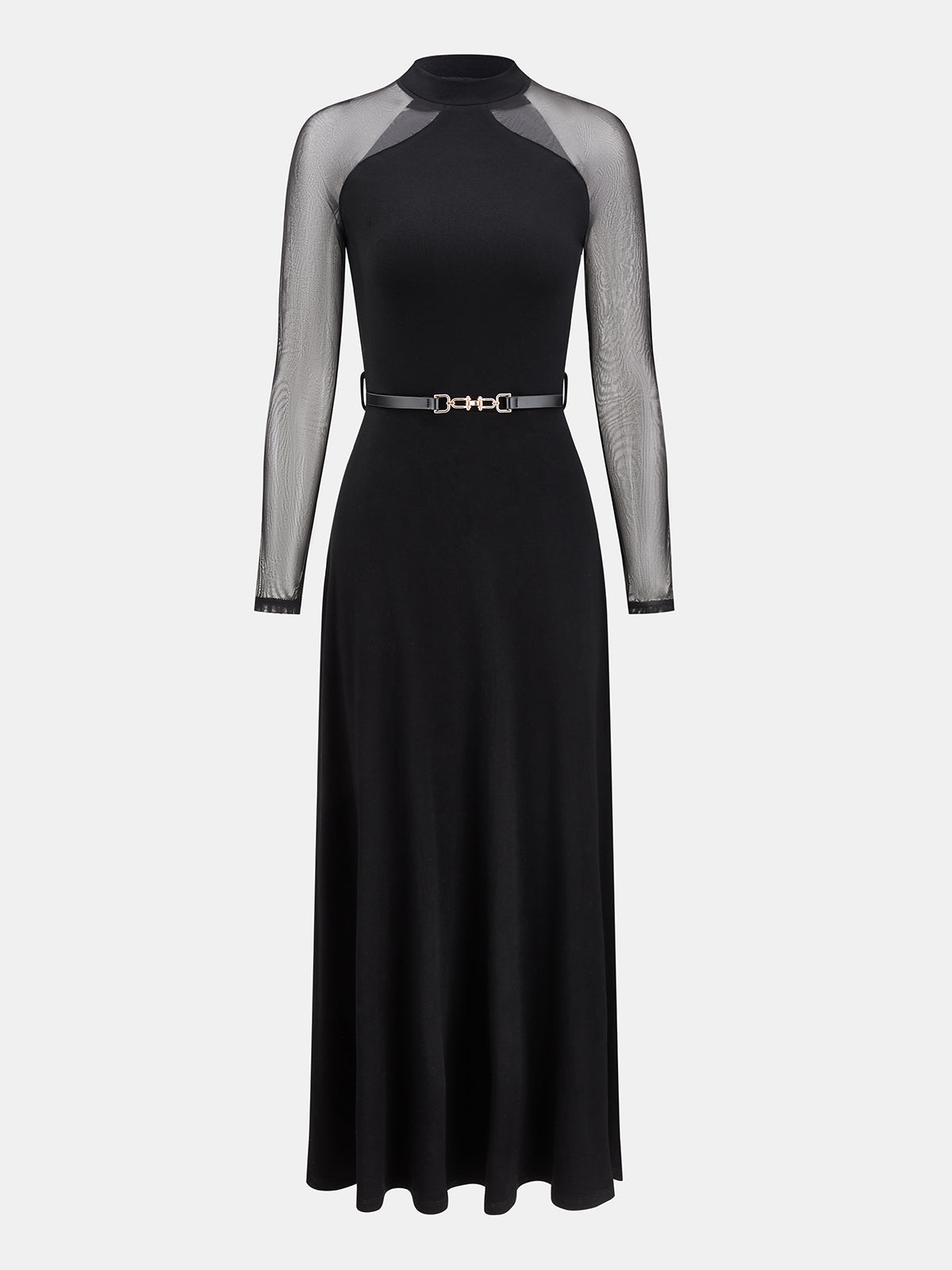 Mesh Sleeve High Neck Belted Maxi Dress