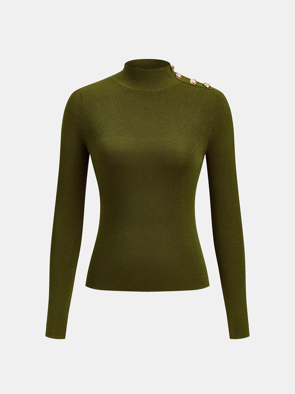 Mock Neck Shoulder Decorative Button Rib Knit Top