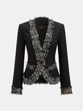 Multicolor Fringe Trim Tweed Blazer