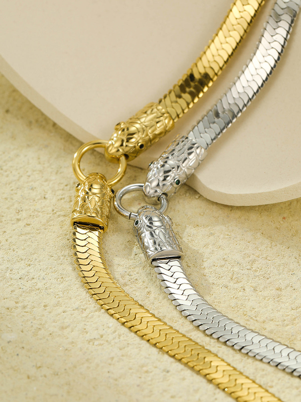Double Snake Head Herringbone Necklace