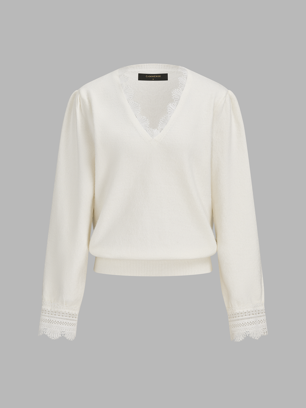 Lace Trim V‑Neck Knit Sweater