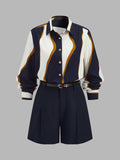 Abstract Wave Print Shirt & Belted Shorts Set