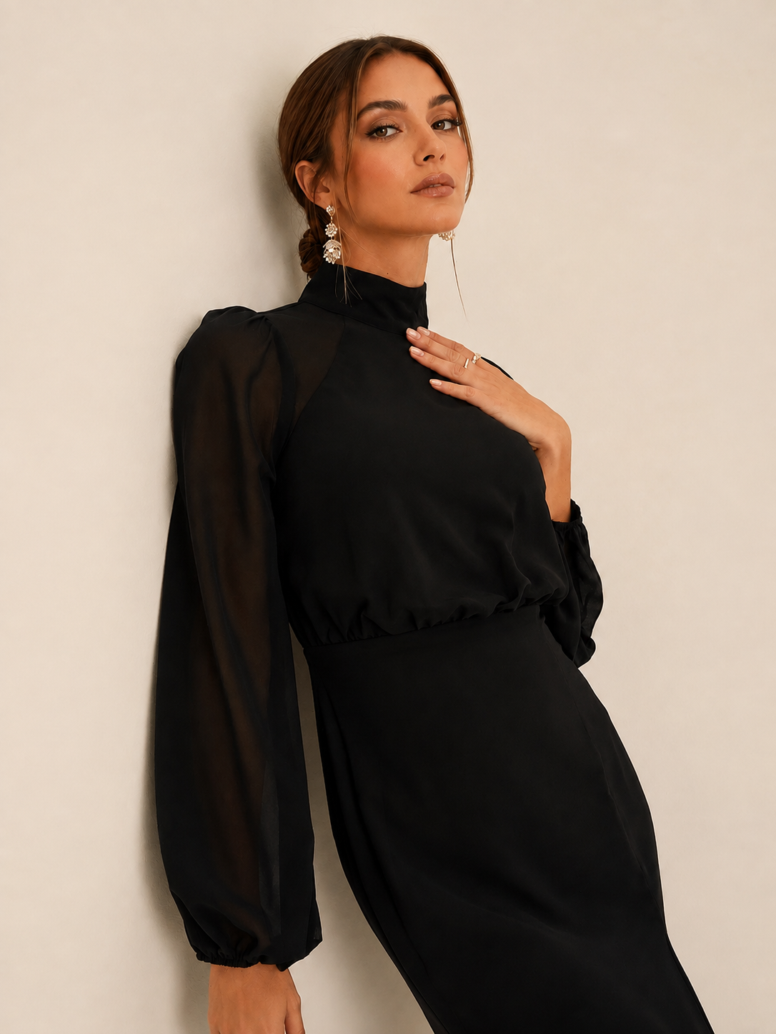 High Neck Sheer Puff Sleeve Slit Midi Dress
