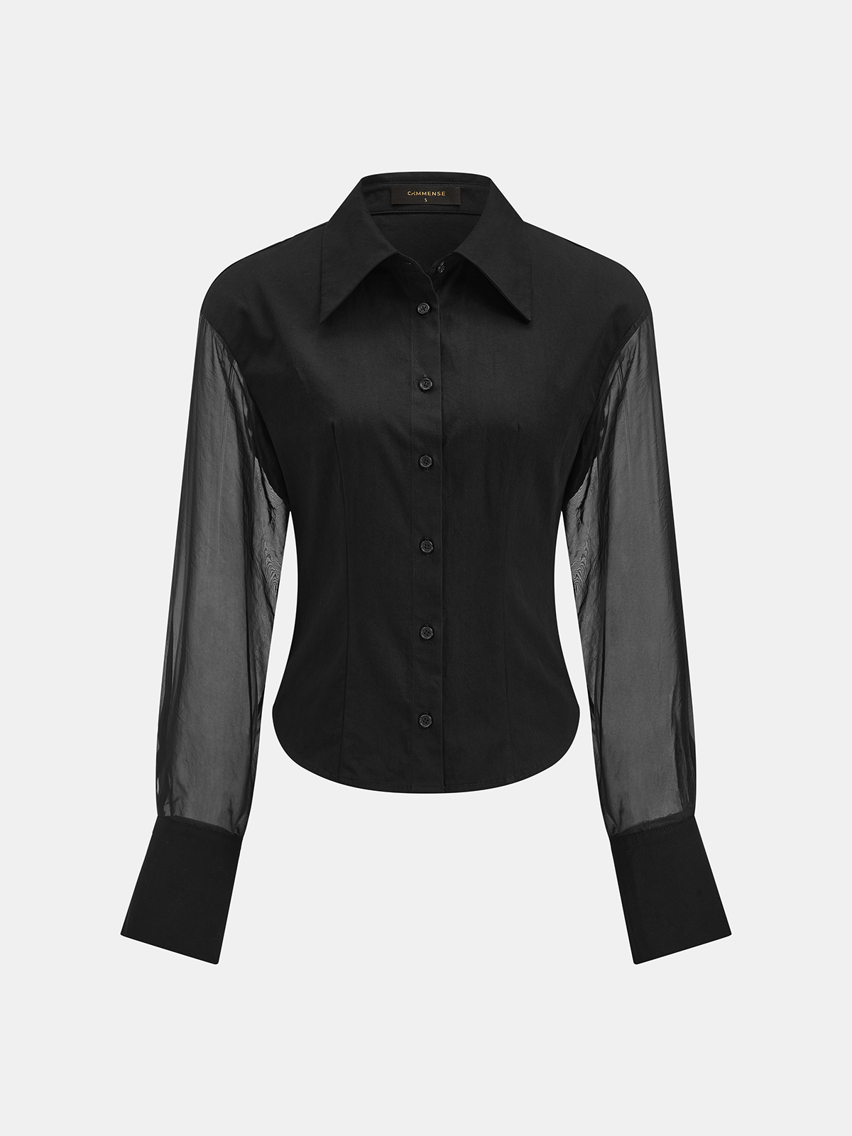 Sheer Sleeve Fitted Button-Down Shirt