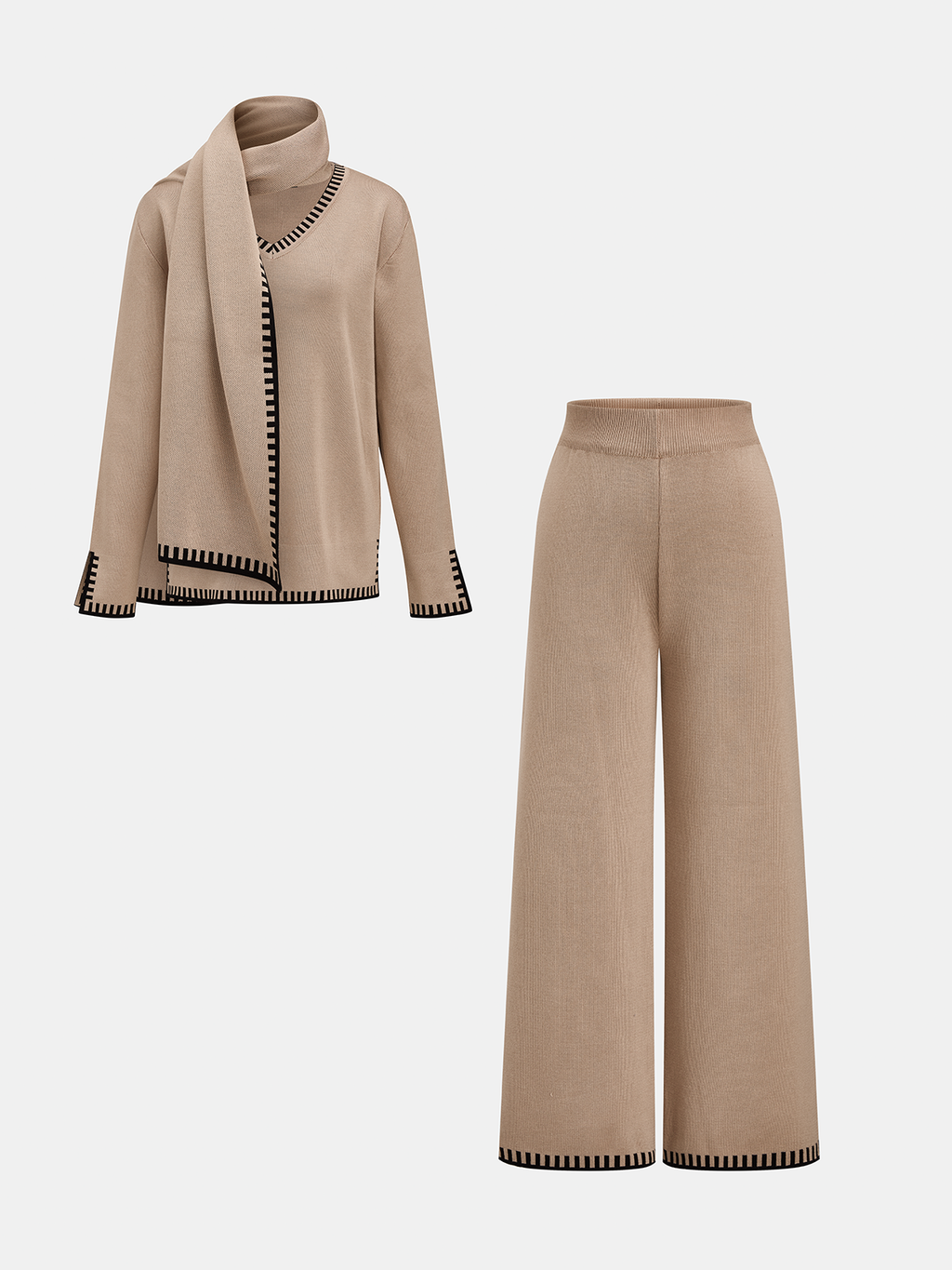 Contrast Trim Scarf Neck Knit Set