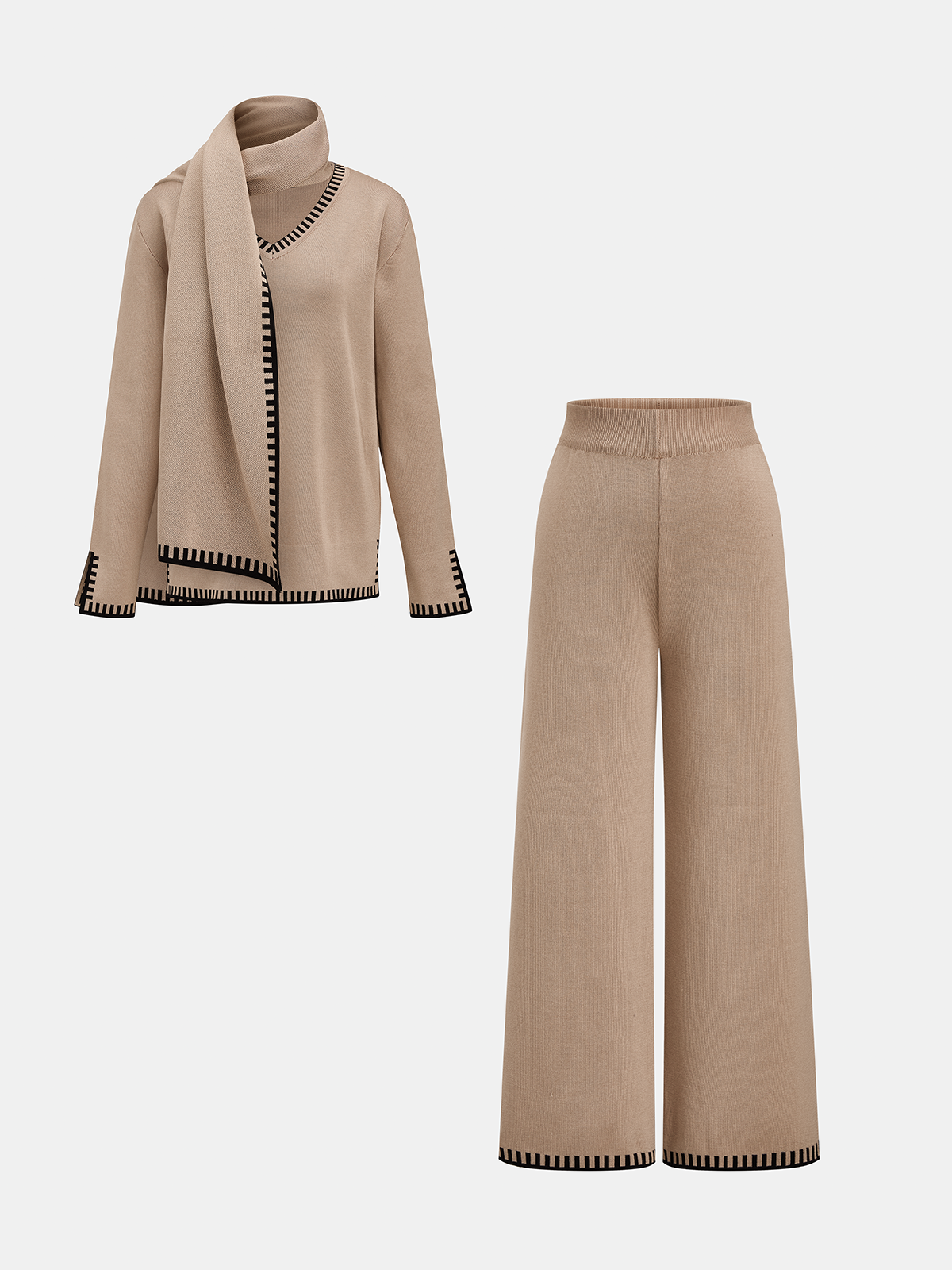 Contrast Trim Scarf Neck Knit Set