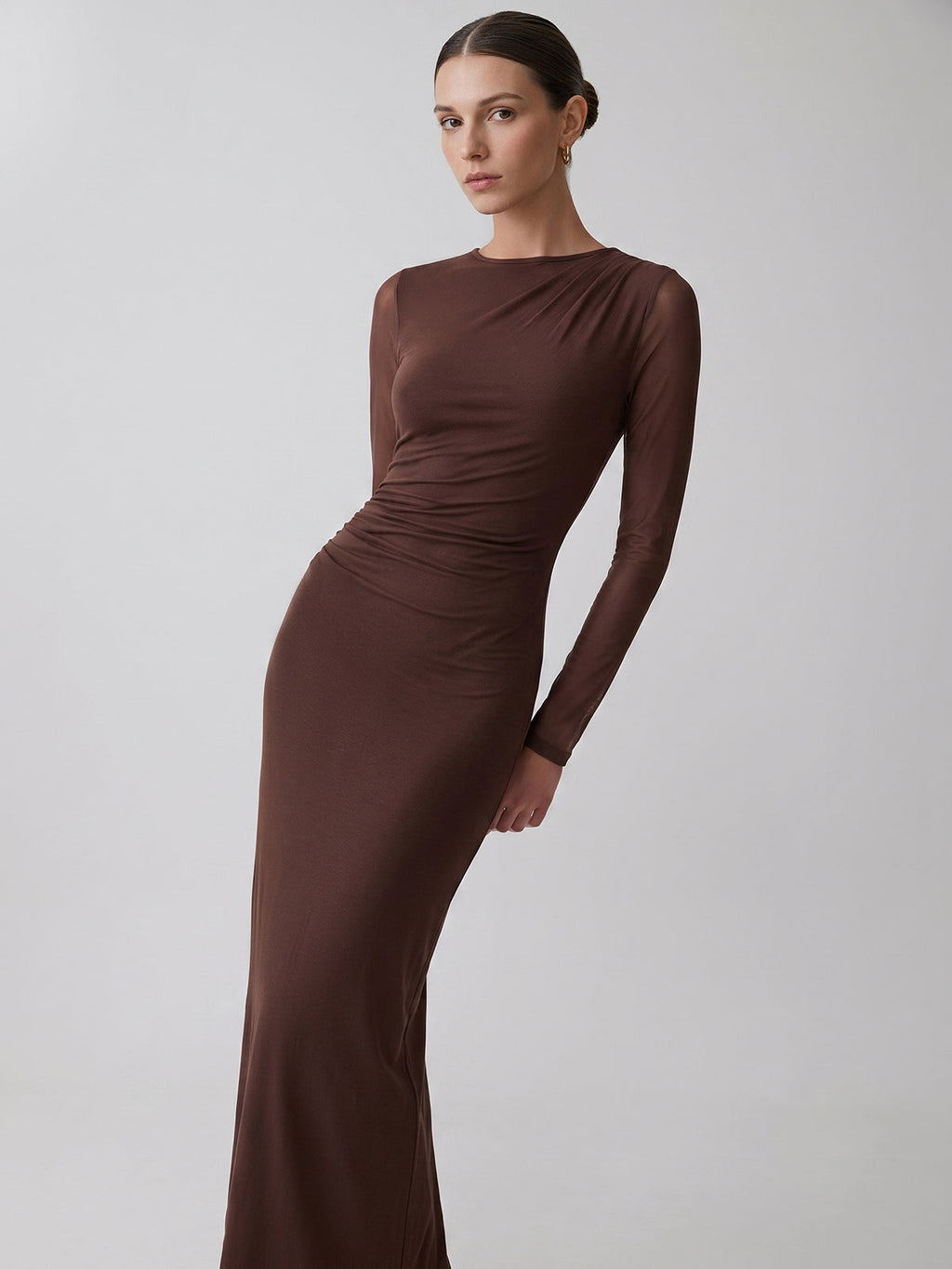 Mesh Long Sleeve Ruched Bodycon Maxi Dress