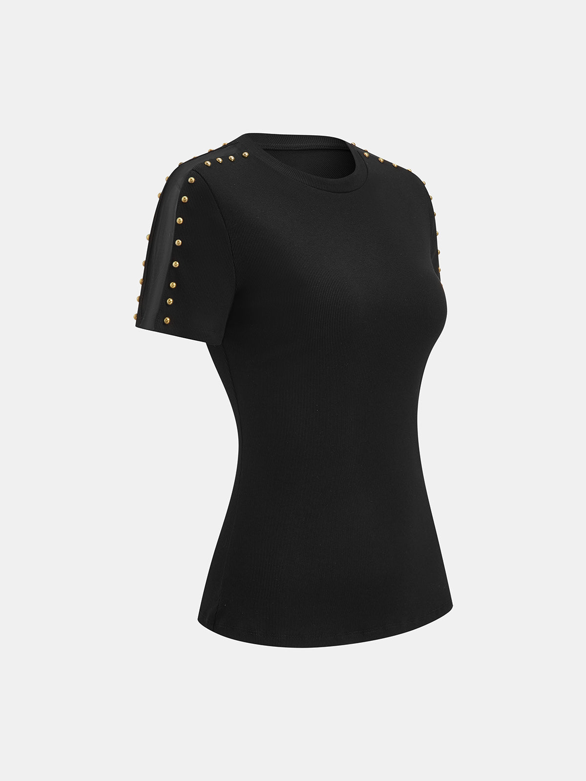 Studded Mesh Ribbed Short Sleeve T-Shirt