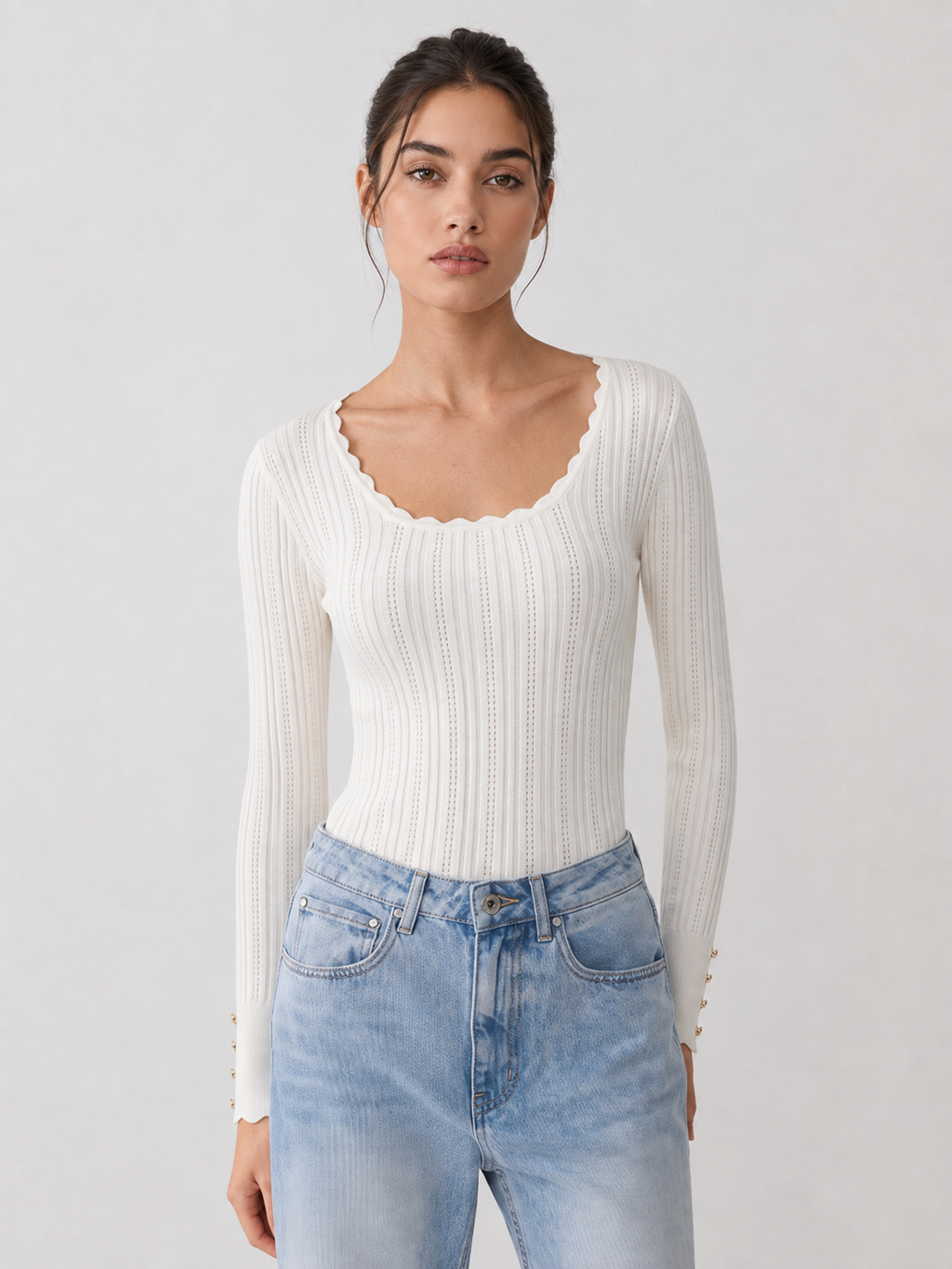 Scallop Trim Hollow Knit Top
