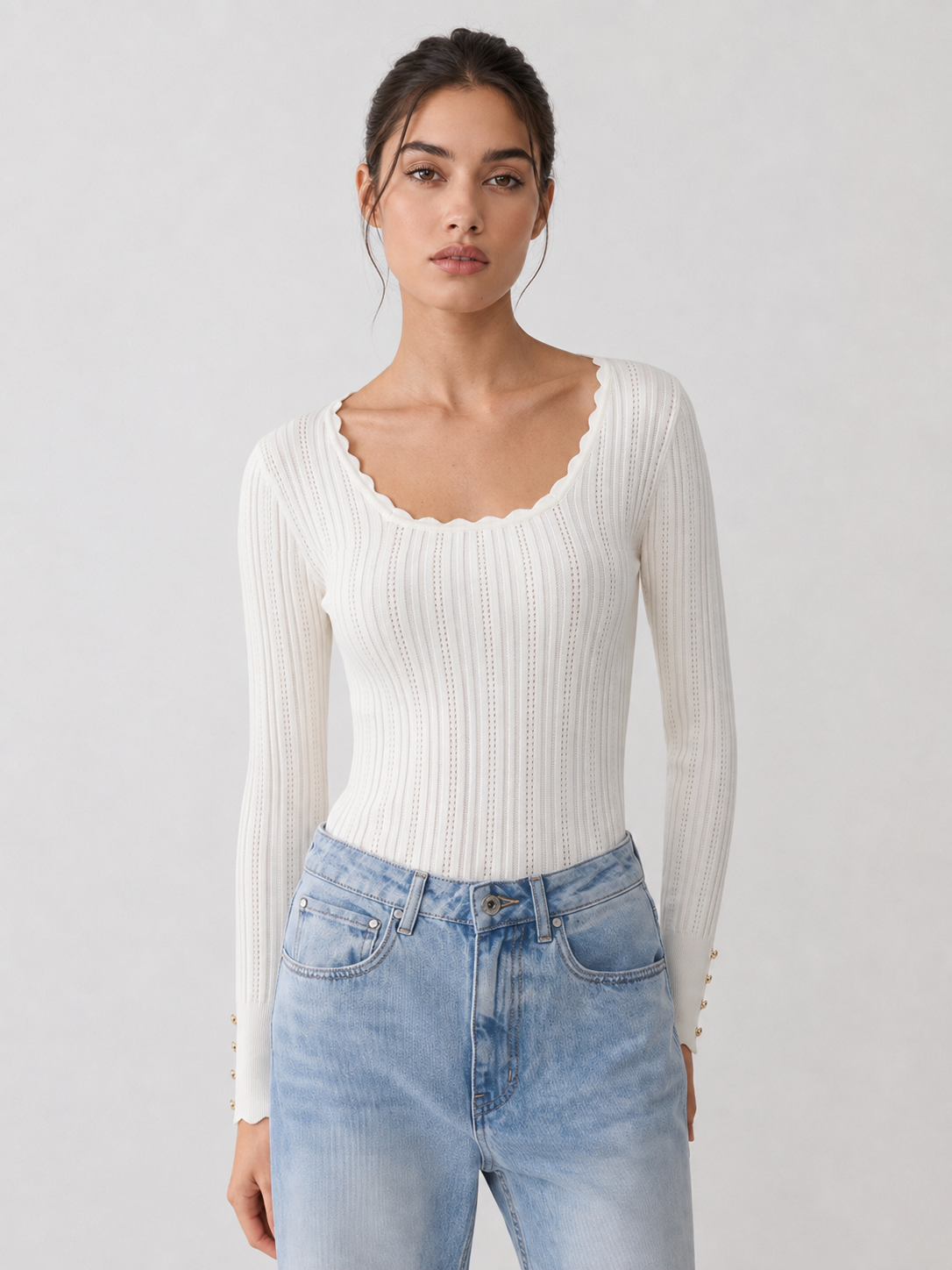 Scallop Trim Hollow Knit Top
