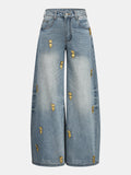 Heart Embellished Wide Leg Denim Pants