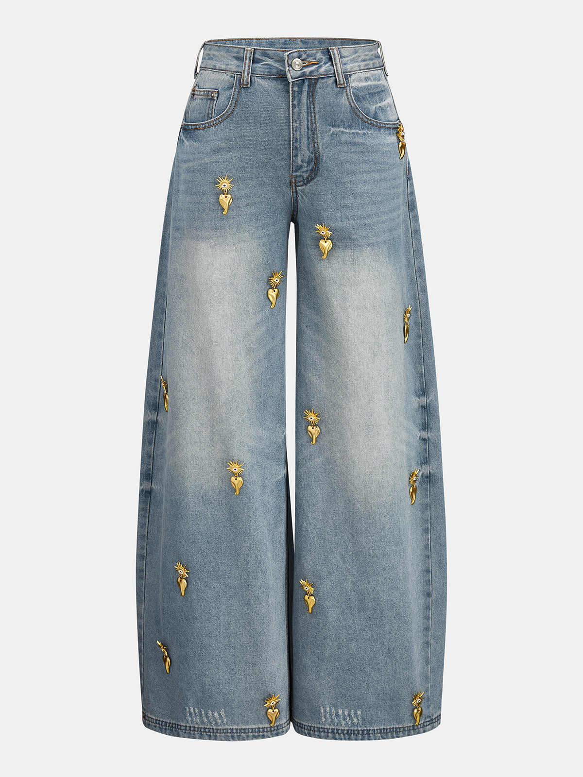 Heart Embellished Wide Leg Denim Pants