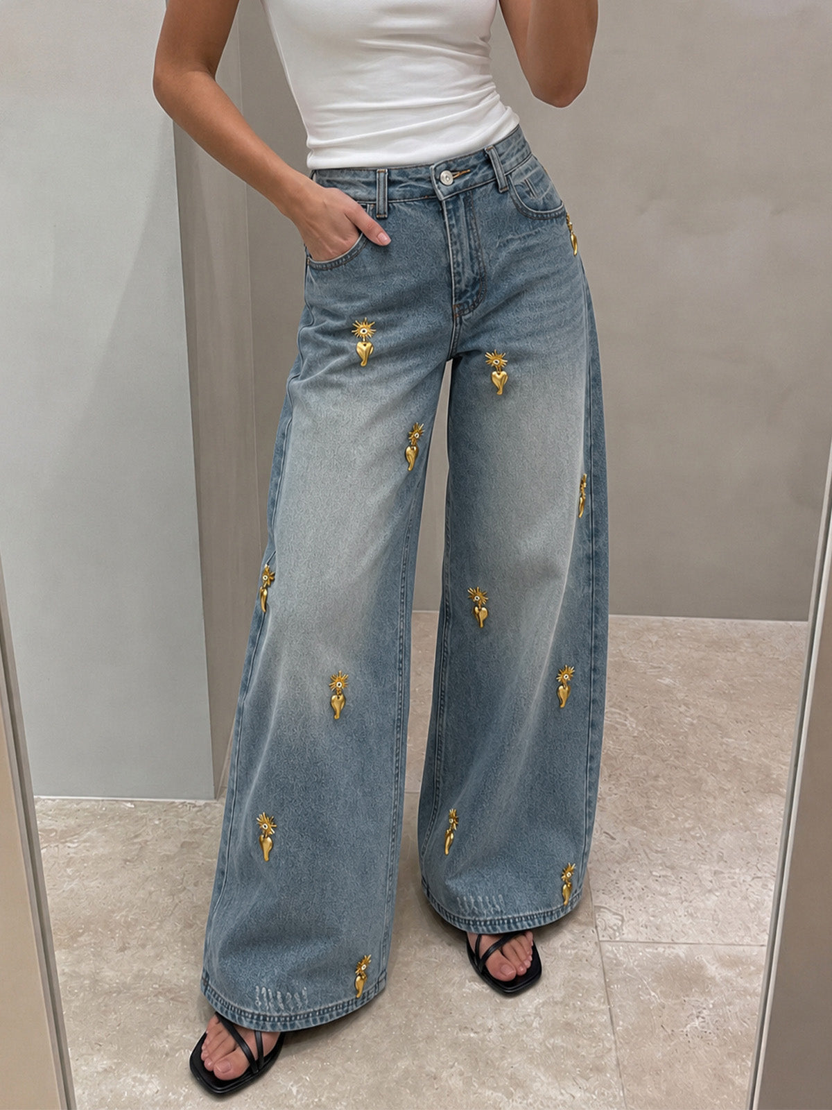 Heart Embellished Wide Leg Denim Pants