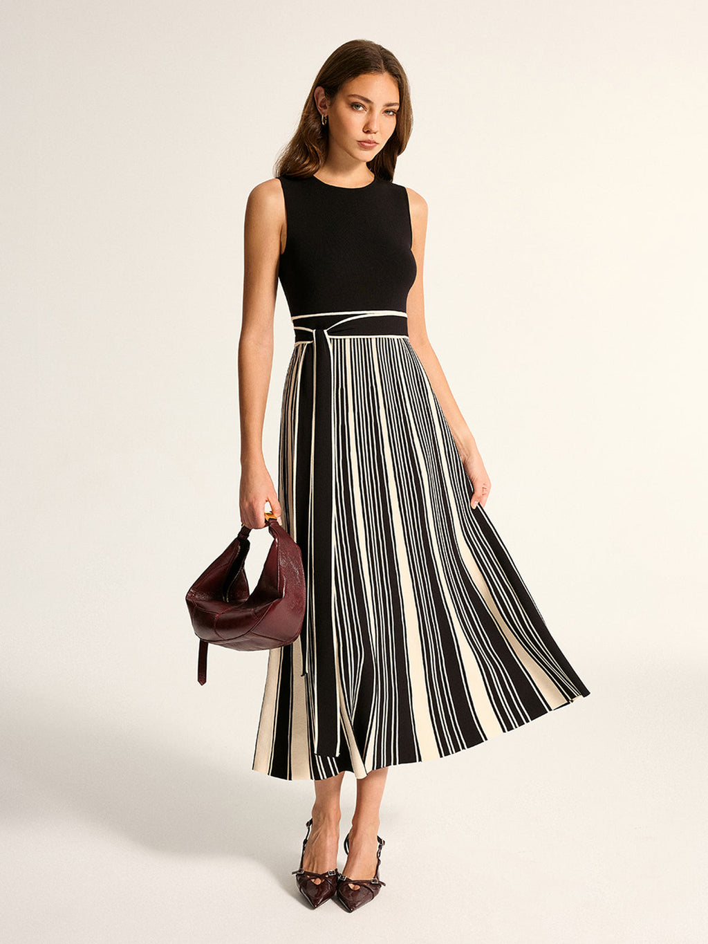Sleeveless Tie-Waist Striped Knit Midi Dress
