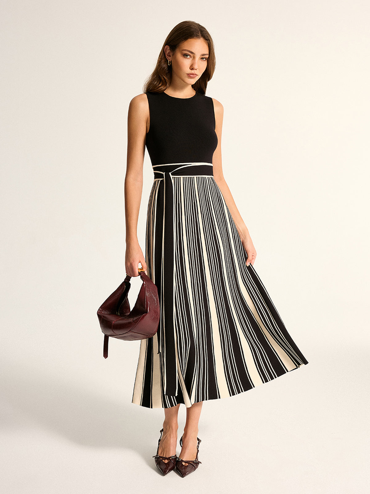 Sleeveless Tie-Waist Striped Knit Midi Dress
