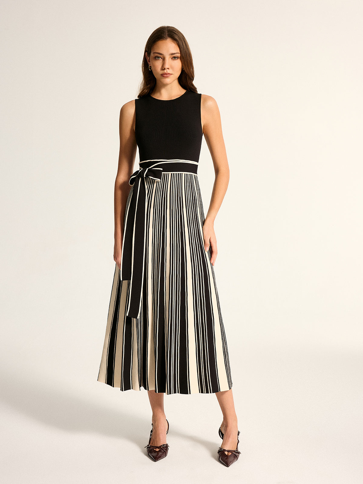 Sleeveless Tie-Waist Striped Knit Midi Dress