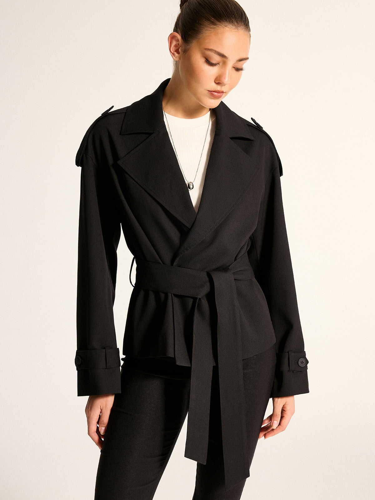 Epaulet Detail Belted Lapel Trench Coat