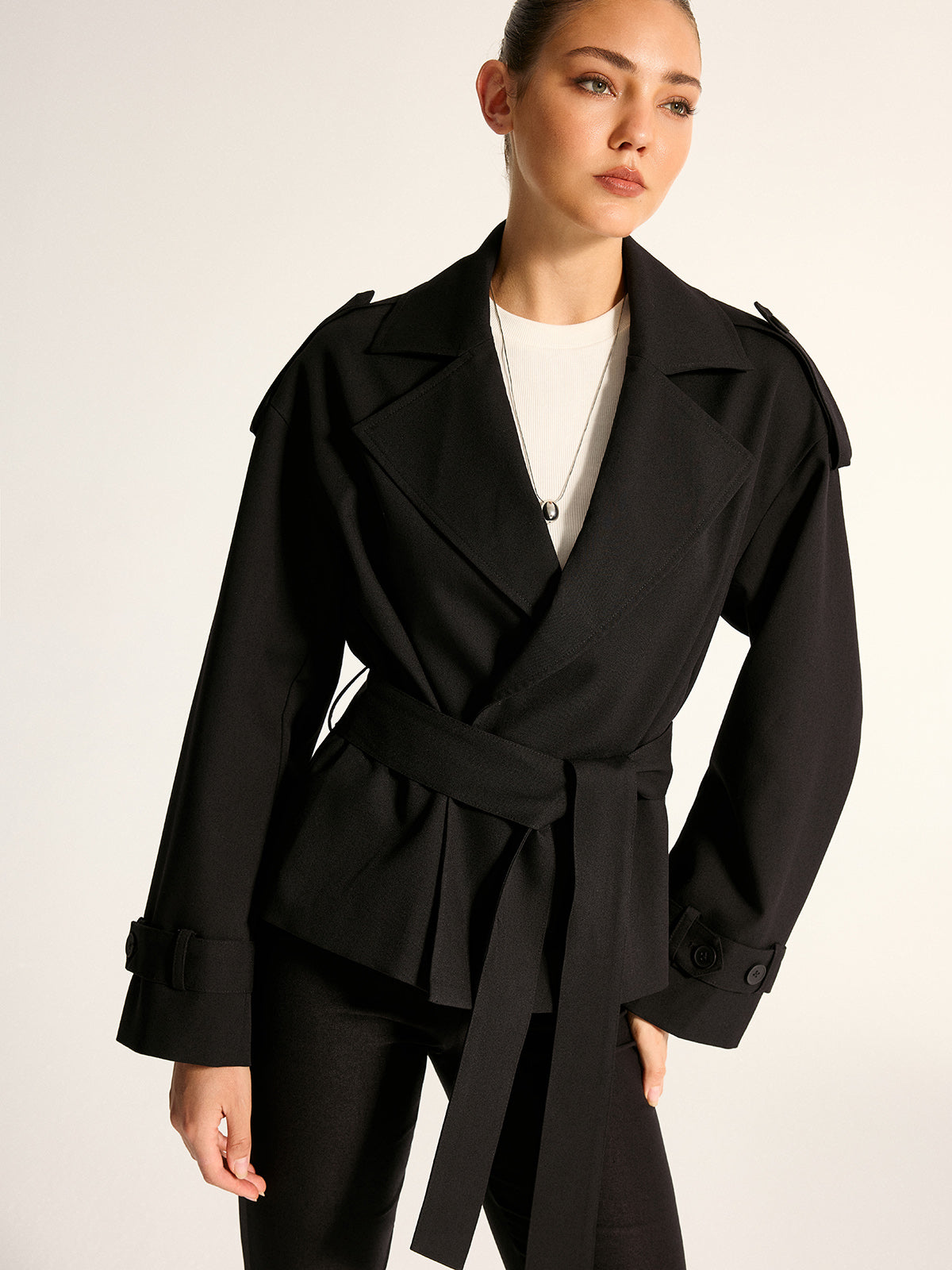Epaulet Detail Belted Lapel Trench Coat