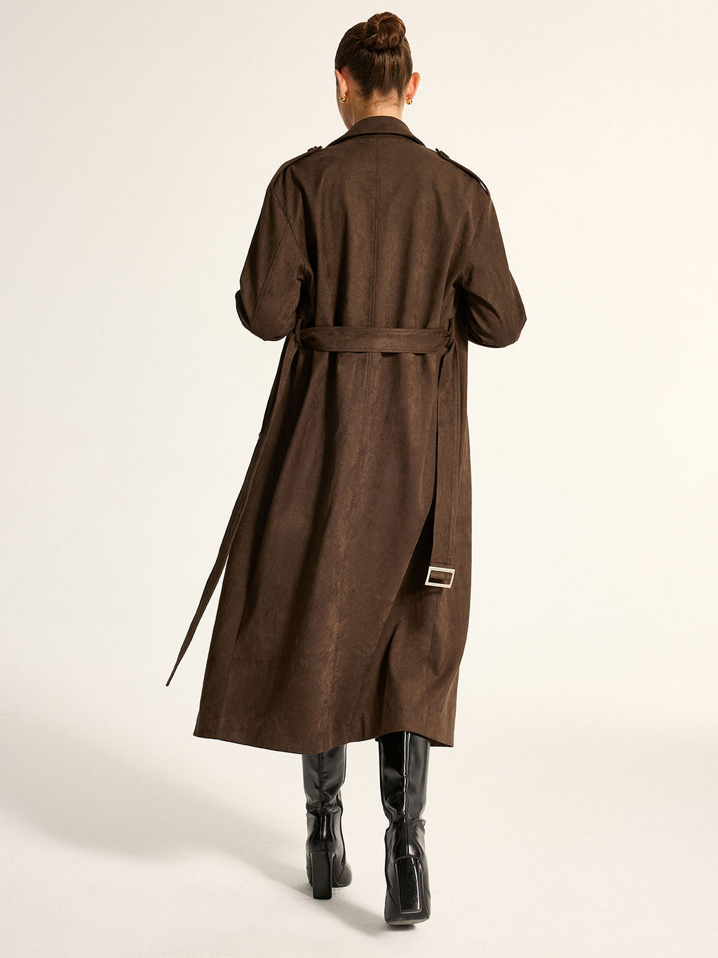Suede Effect Belted Double‑Breasted Trench Coat