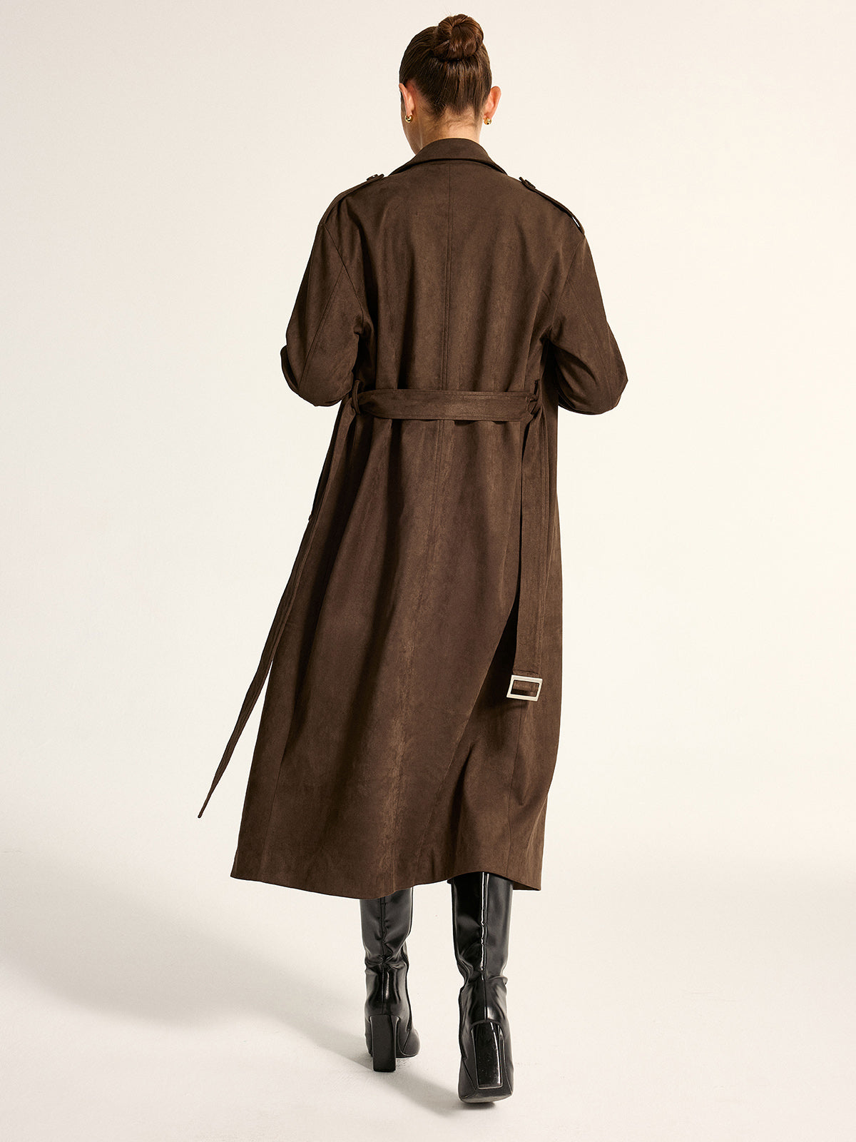 Suede Effect Belted Double‑Breasted Trench Coat