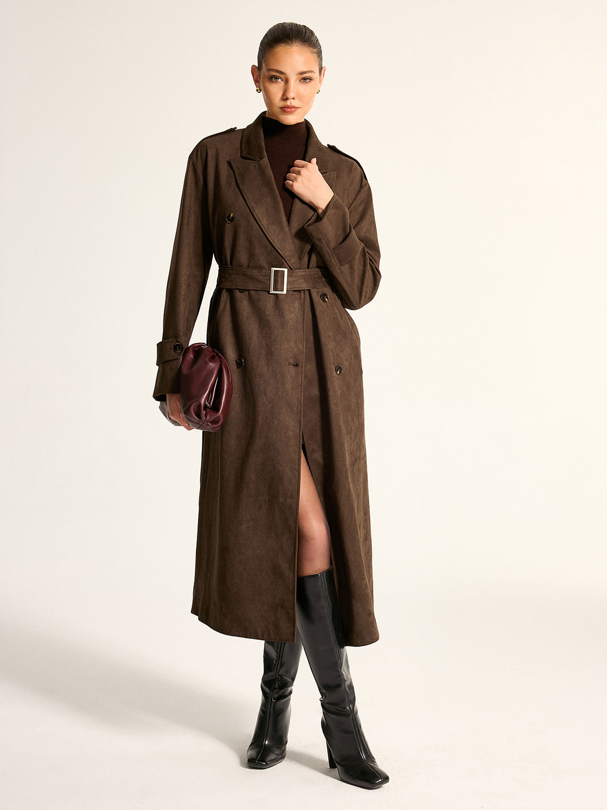 Suede Effect Belted Double‑Breasted Trench Coat