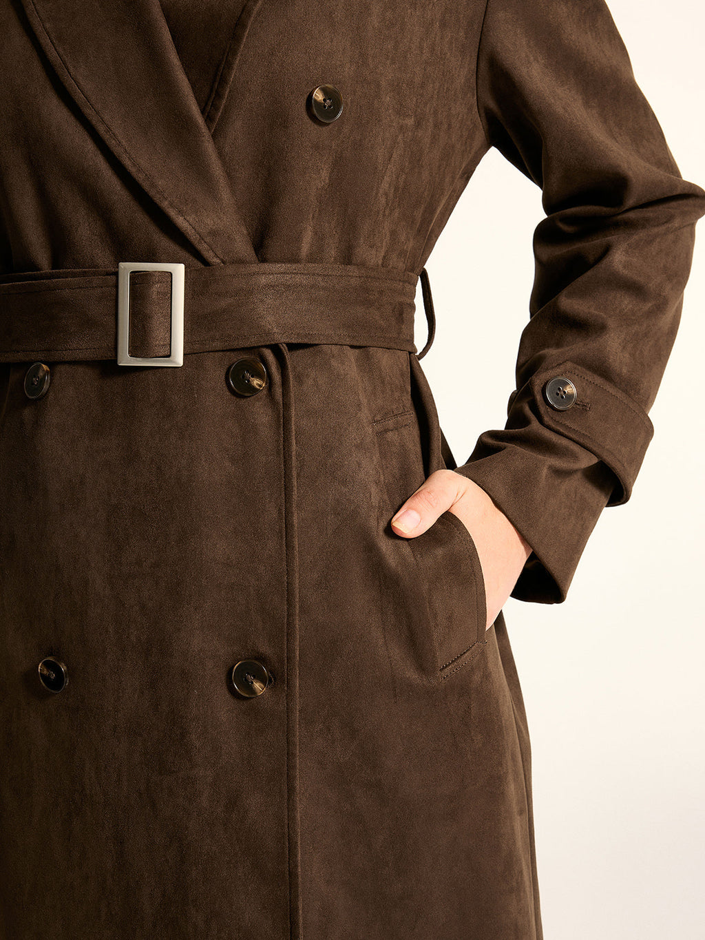 Suede Effect Belted Double‑Breasted Trench Coat