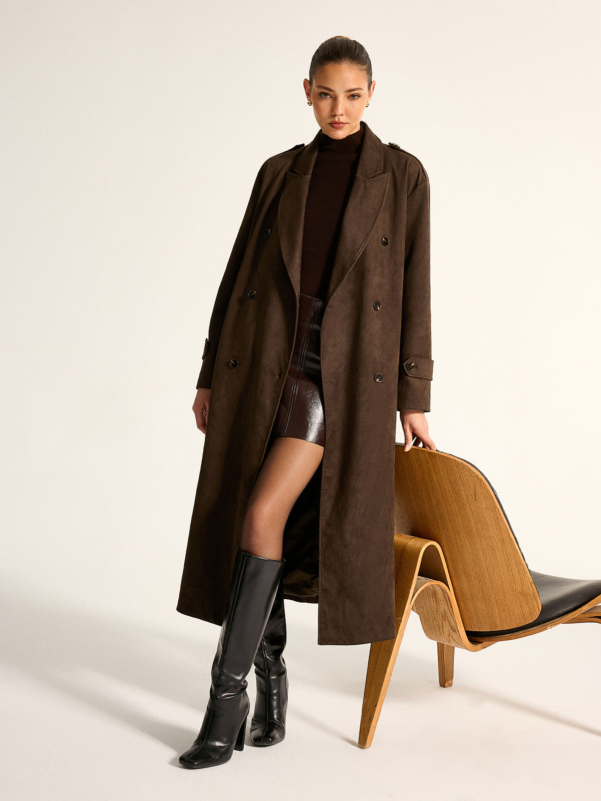 Suede Effect Belted Double‑Breasted Trench Coat