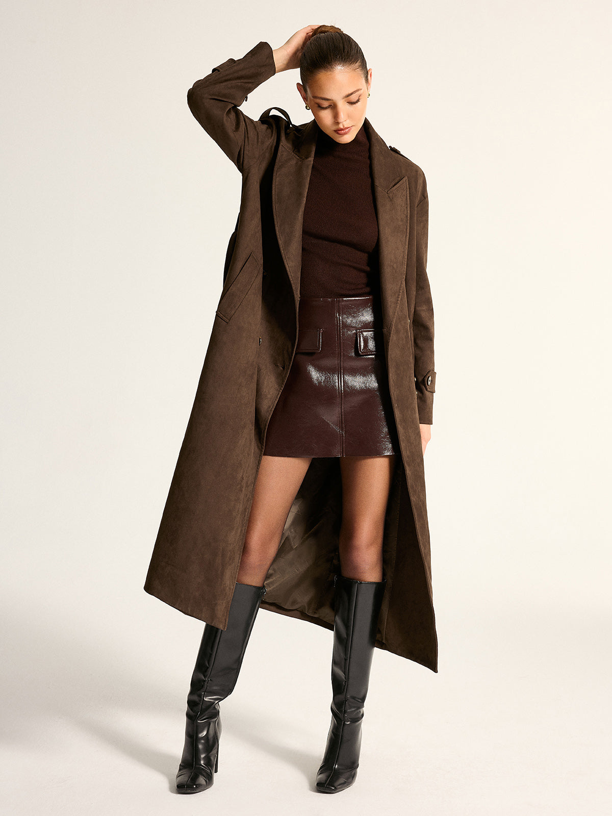 Suede Effect Belted Double‑Breasted Trench Coat