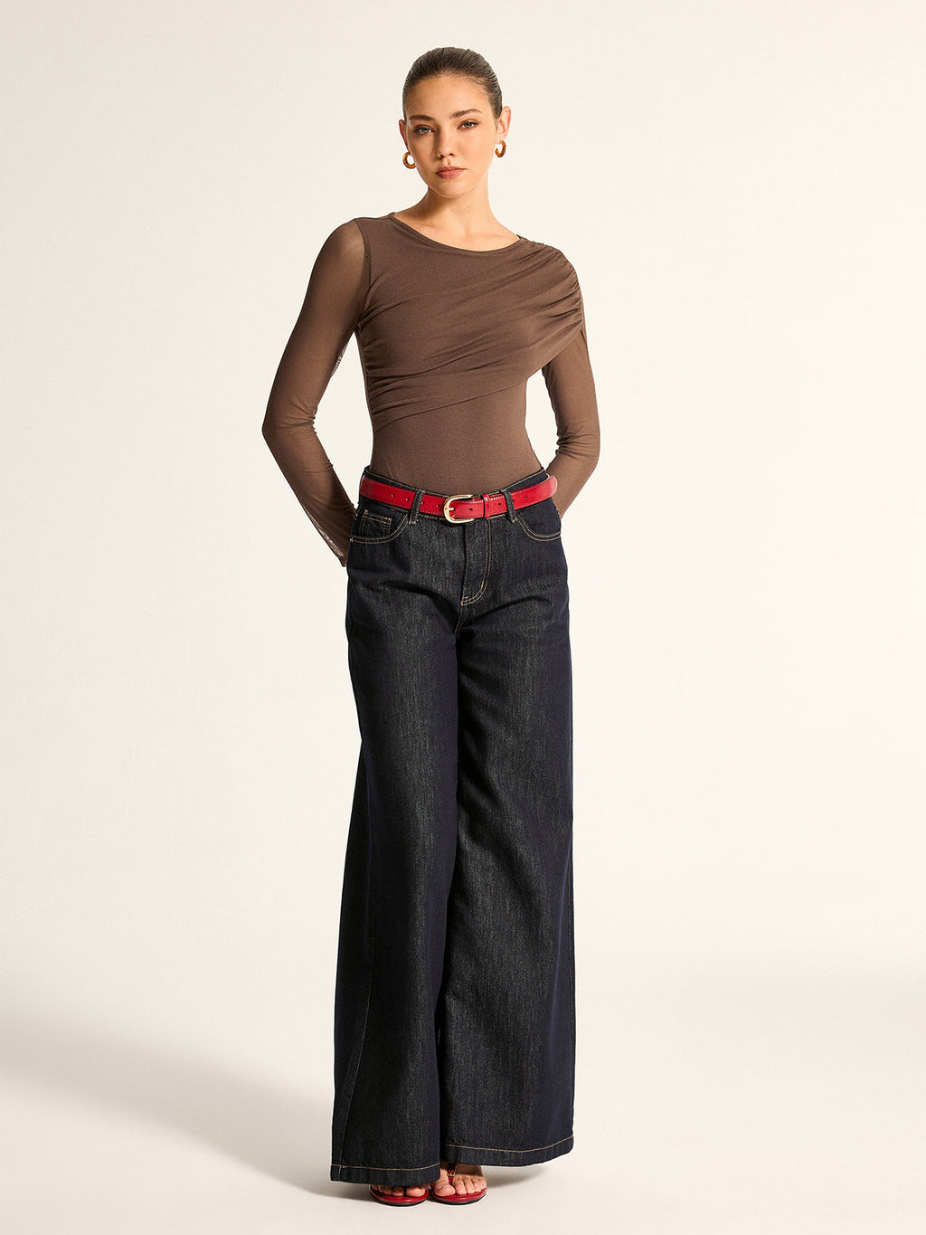Draped Mesh Sleeve Slim Bodysuit