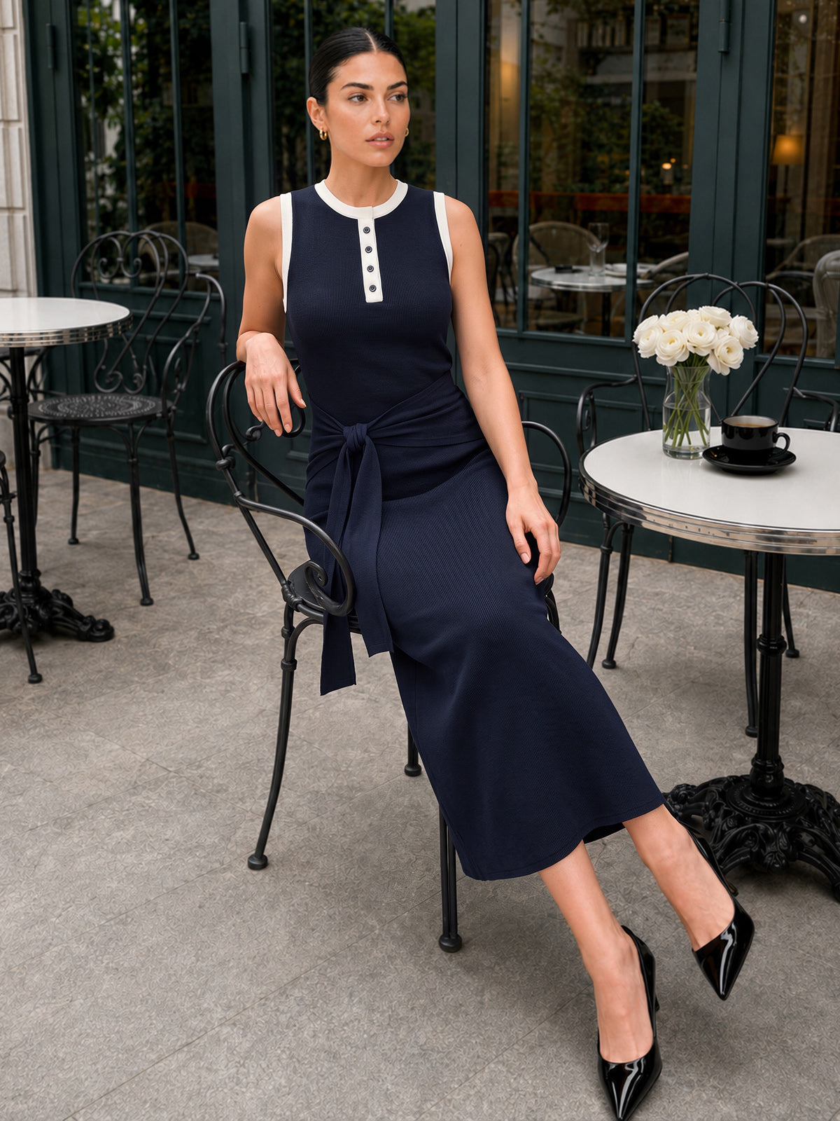 Contrast Trim Tie-Waist Knit Midi Dress