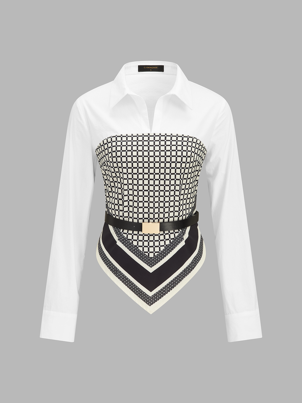 Patchwork Scarf‑Hem Belted Shirt