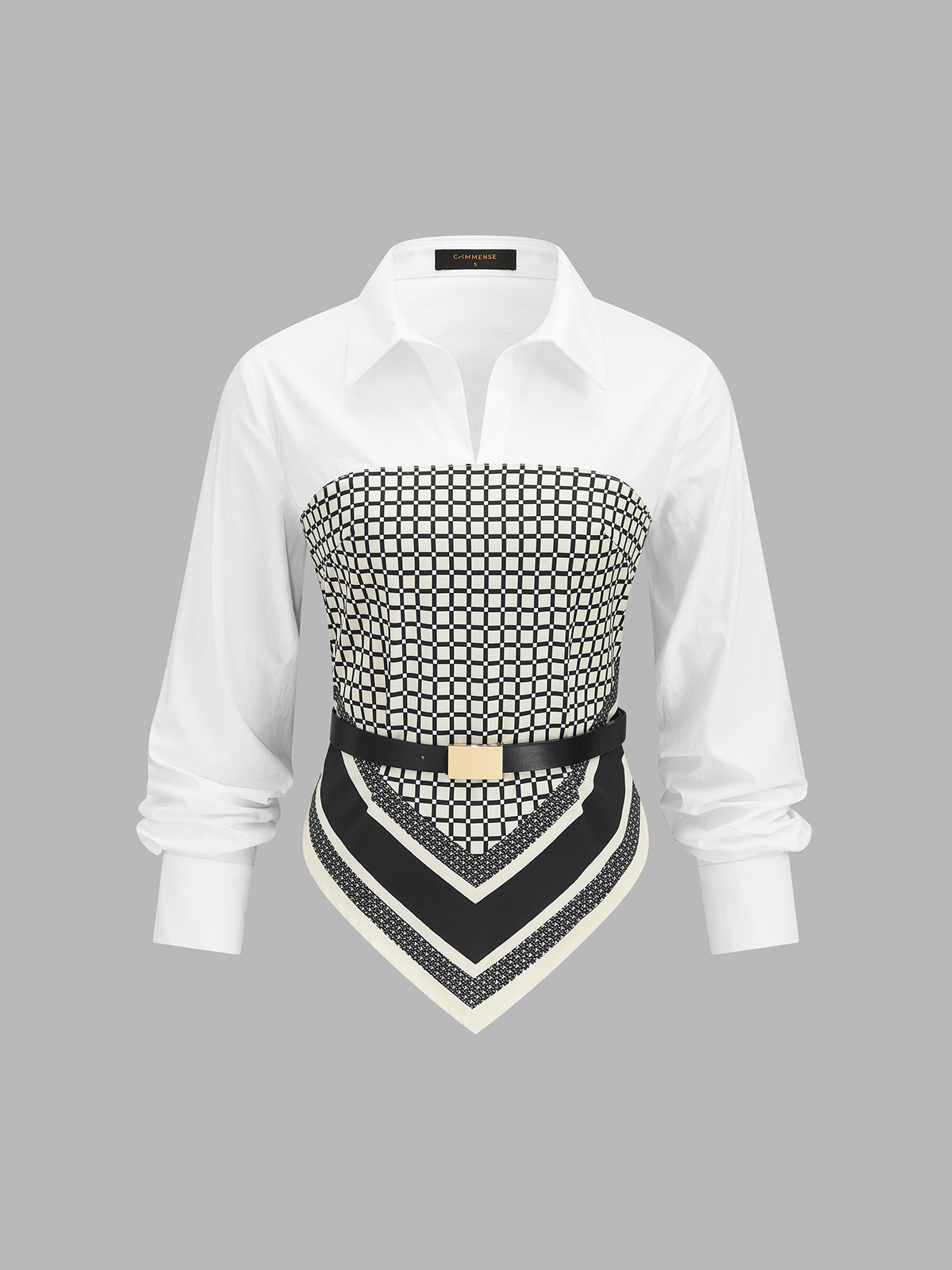 Patchwork Scarf‑Hem Belted Shirt