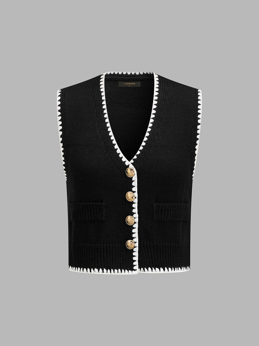 Contrast Trim Buttoned V-Neck Knit Vest